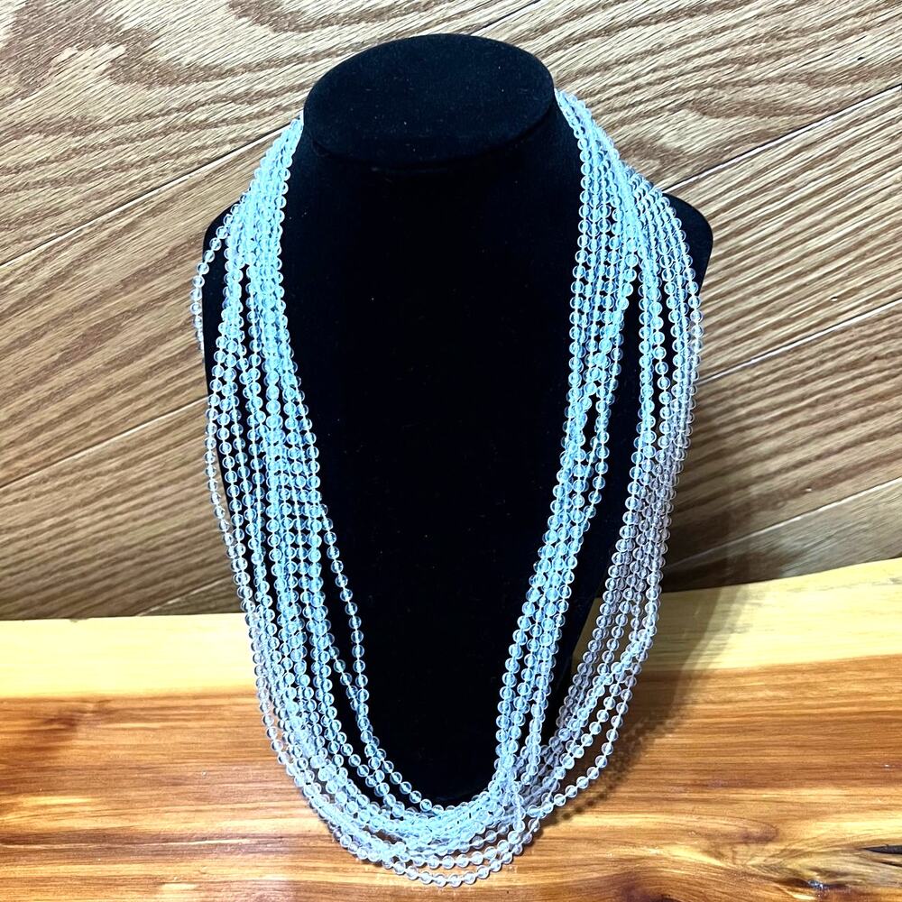 Vtg Flapper Beautiful Clear Layered Multi Strand Beaded Necklace Fold Clasp‎ MCM